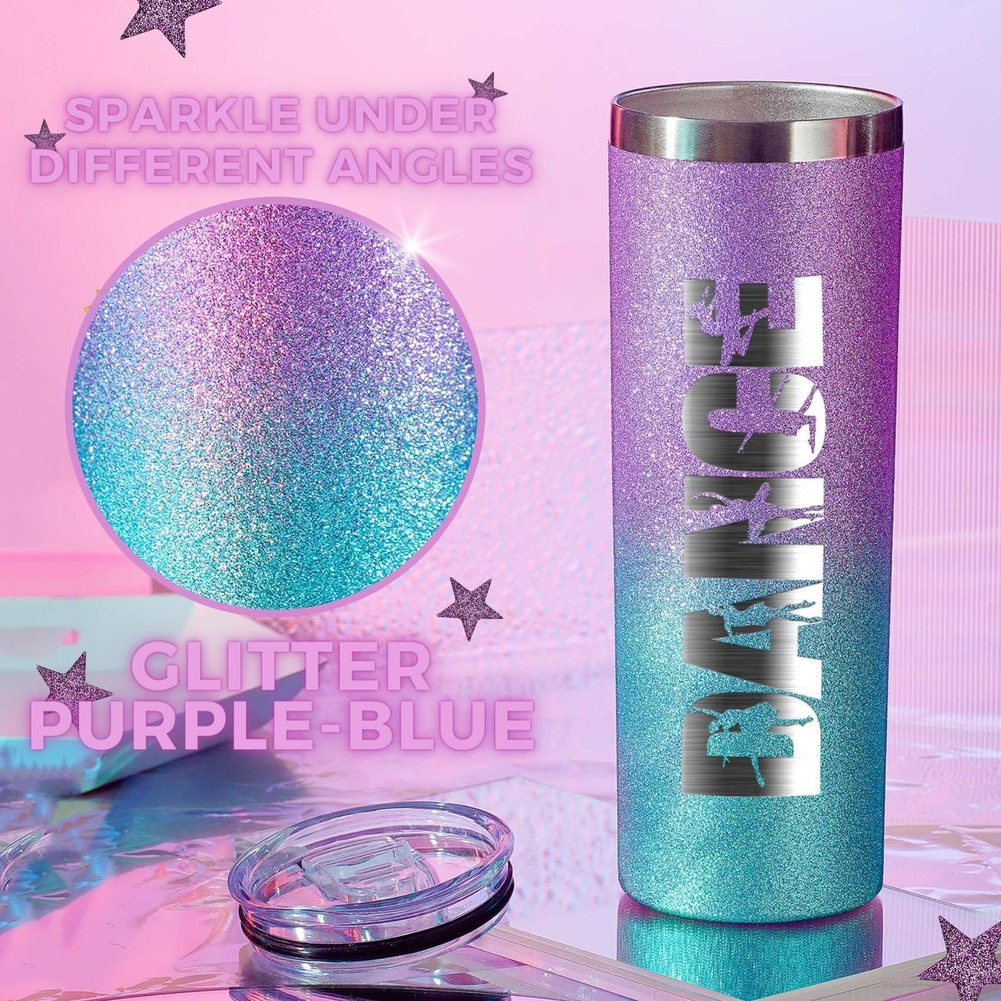 Onebttl Dancer Gifts for Girls, Teens, Her - Dance - 20oz/590ml Stainless Steel Insulated Glitter Skinny Tumbler with Straw, Lid - Dance Themed Gifts for Women - (Purple-Blue Gradient)