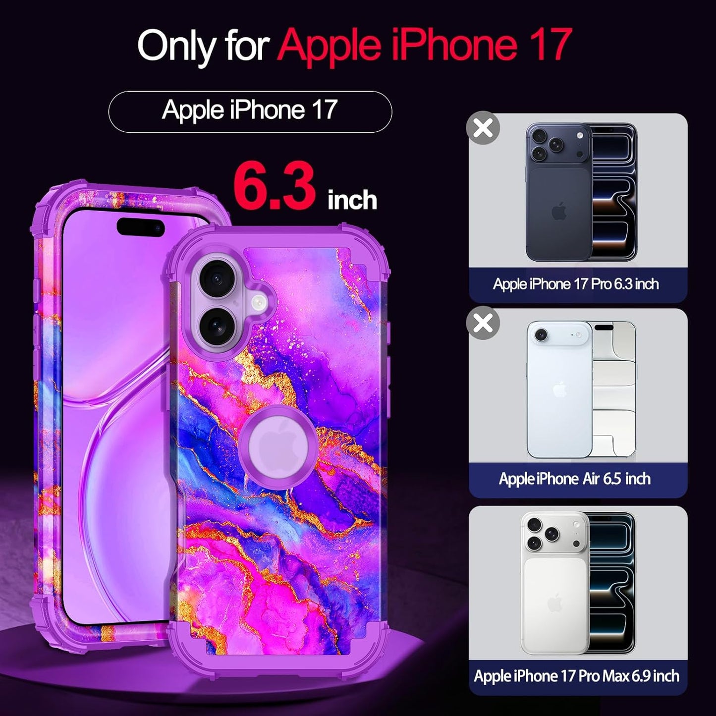 Casetego 17 17 6.3 inch,Purple for iPhone Case,Three Layer Heavy Duty Sturdy Shockproof Protection Full Rugged Hard