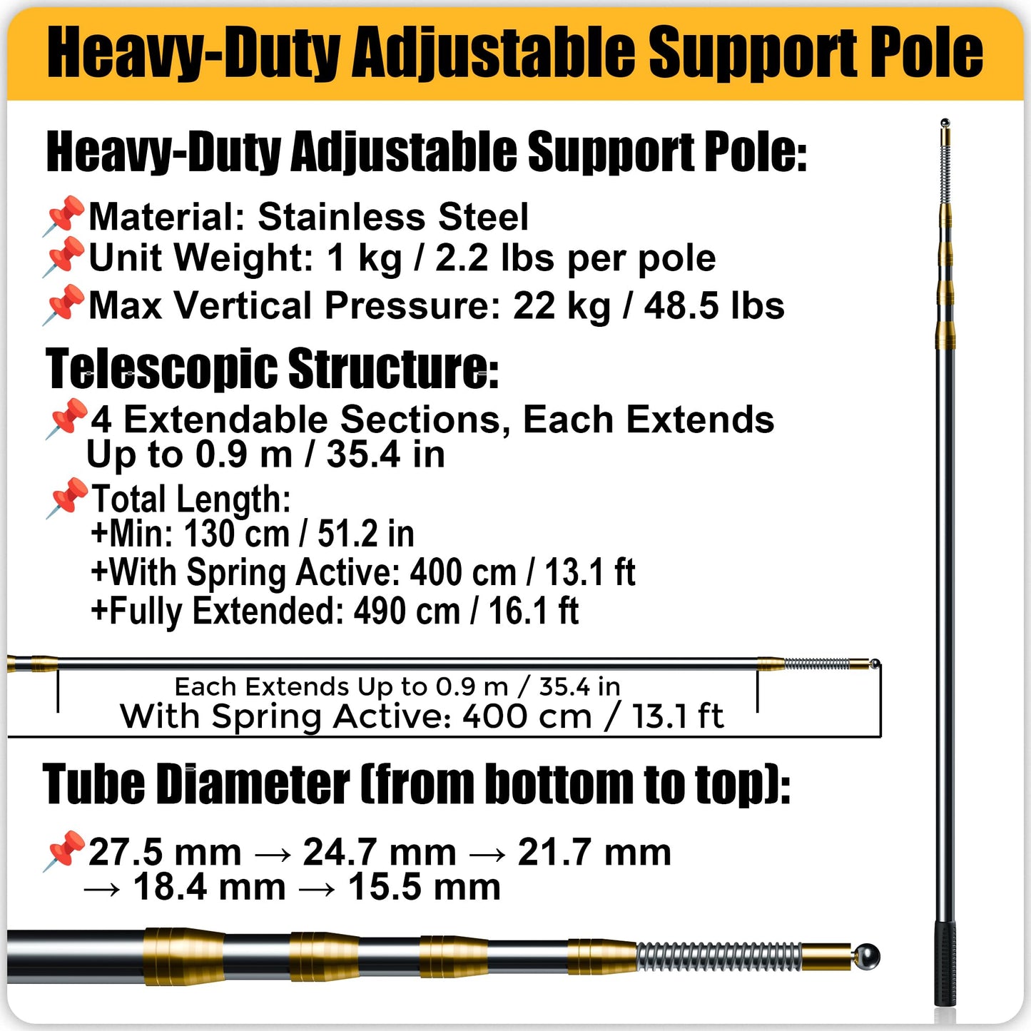 MAYOKEN® 13 16FT Dust Barrier Poles (4 Pack), Spring-Top Telescoping Poles for Construction & Renovation – Dust Containment System with Plastic Sheeting,2 self-Adhesive Zipper & Carry Bag