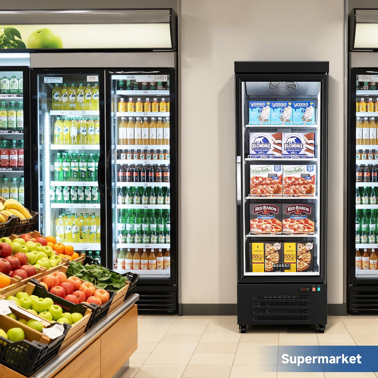 BODEGACOOLER Commercial Freezer Upright, 1 Door Standing Display Freezer With Glass Door, 18 Cu.Ft Large Capacity, -15℉-5℉ Temperature Range, Auto Defrost, For Ice Cream, Frozen Foods