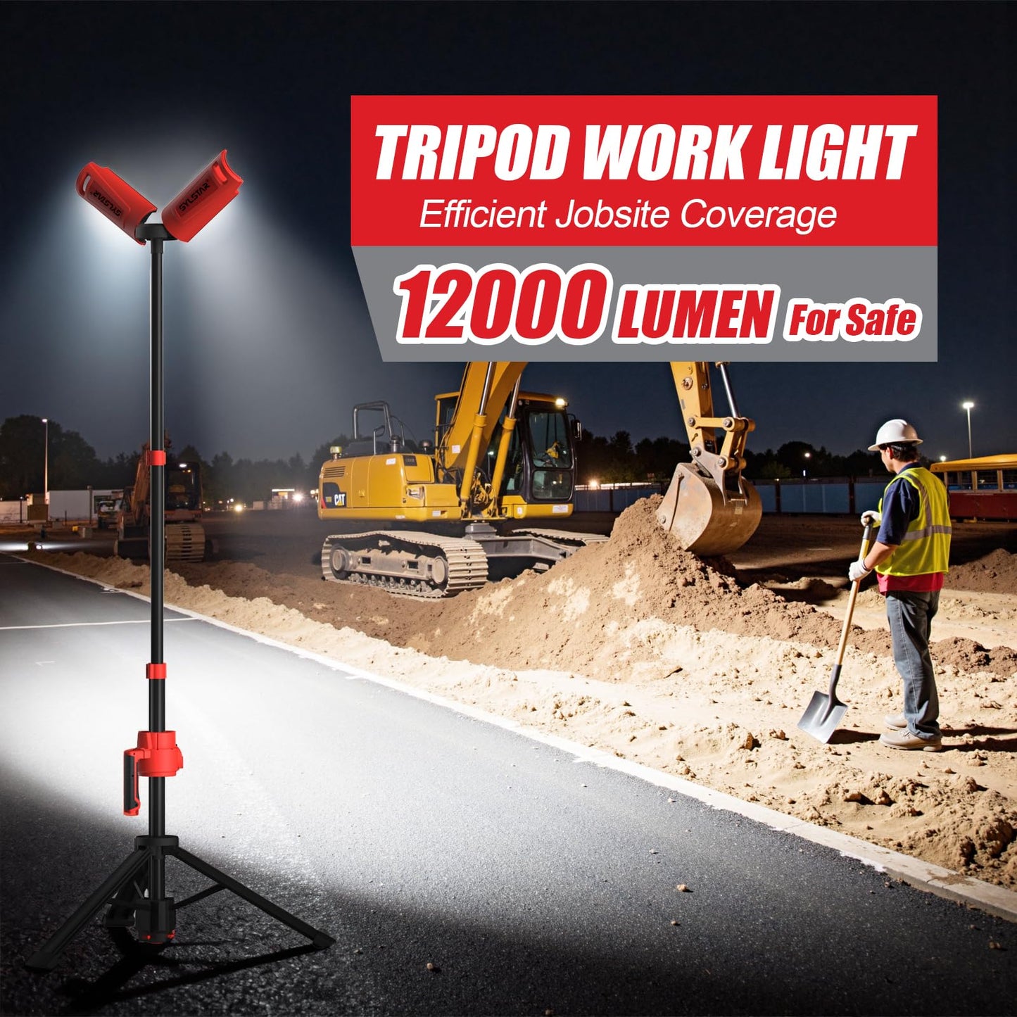 SYLSTAR Hybrid Powered LED Work Light with Tripod, 12000 Lumens Corded & Rechargeable Battery Work Light, 7.4ft Aluminum Telescopic Stand, 3 Brightness Levels, IP65, Dual Head, Portable Job Site Light