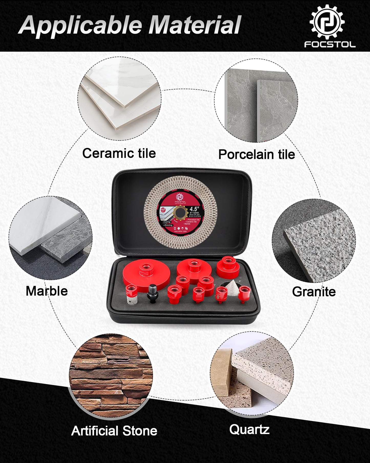 FOCSTOL Diamond Tile Hole Saw Kit 13pcs - (6/6/8/20/25/35/50/75/100mm+20mm Milling Bit+50mm Chamfer Bit+SDS+115mm Saw Blade) Diamond Core Drill Bit Set for Porcelain Tile Ceramic Marble Granite