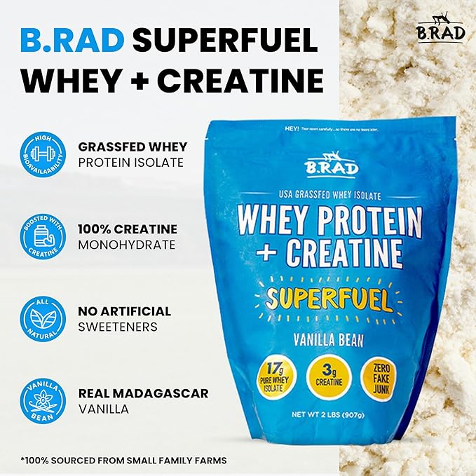 B.rad Superfuel - Grass Fed Whey Protein Isolate Boosted with Creatine | Farm-Fresh, Easy-to-Digest, Clean Ingredients | 2 Pounds | 100% USA Sourced | Vanilla Bean