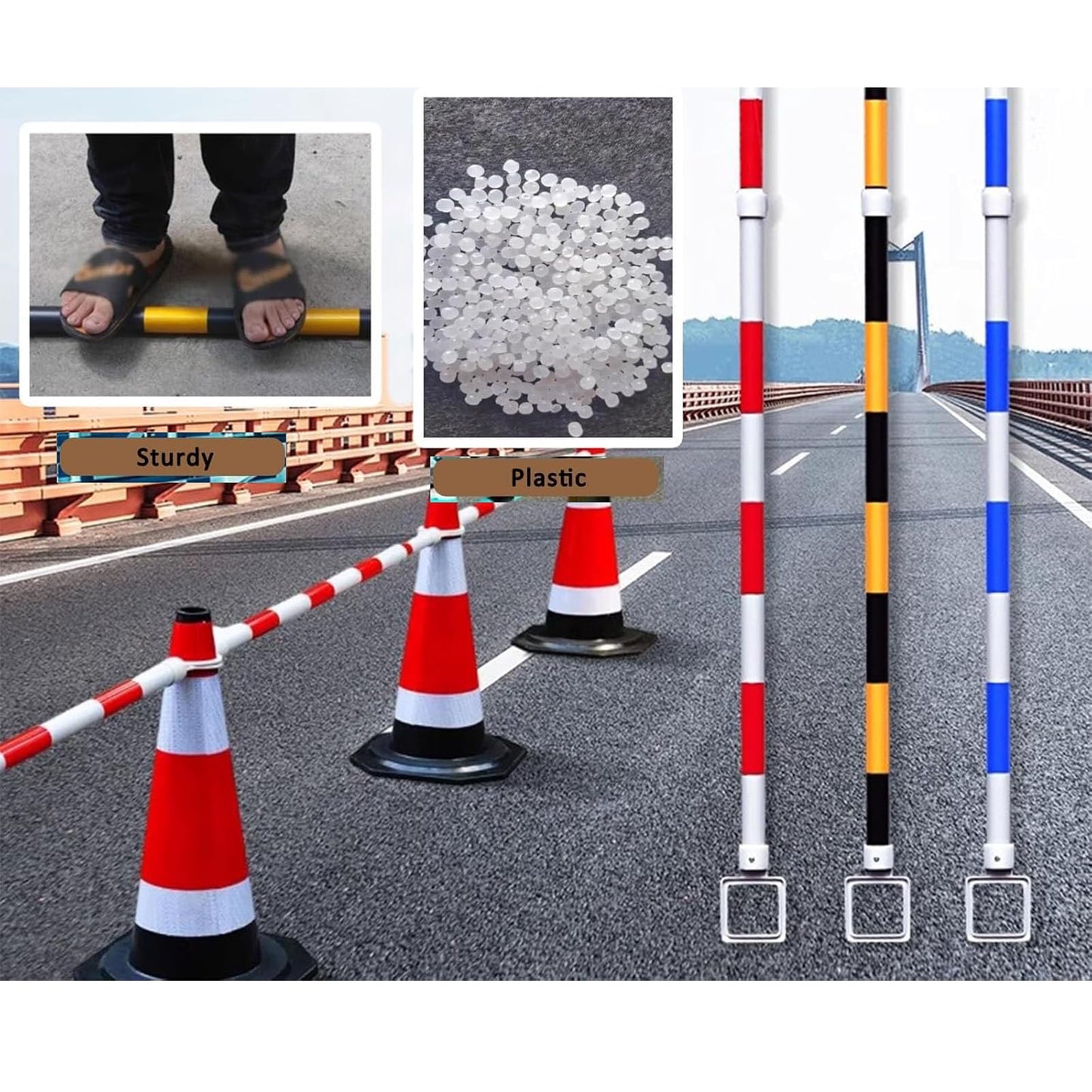 Heavy Duty Reflective Traffic Cone Bar, Expandable 4.5ft-8ft Adjustable Safety Barrier, Durable PVC with Red Tape, Ideal for Road Safety, Construction, and Events (6PCS)
