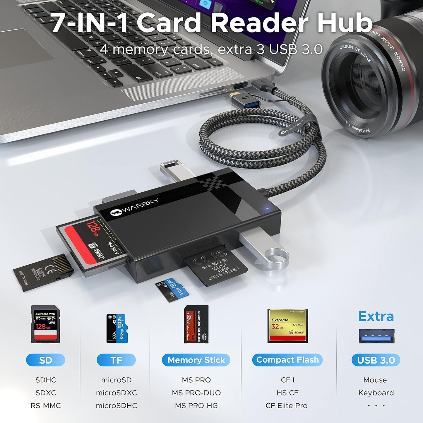 Warrky 7 1, USB3.0/USB 2.5FT 17, SD Card Reader in [Dual Connector C, Nylon Cable] Memory Camera Card Adapter Hub