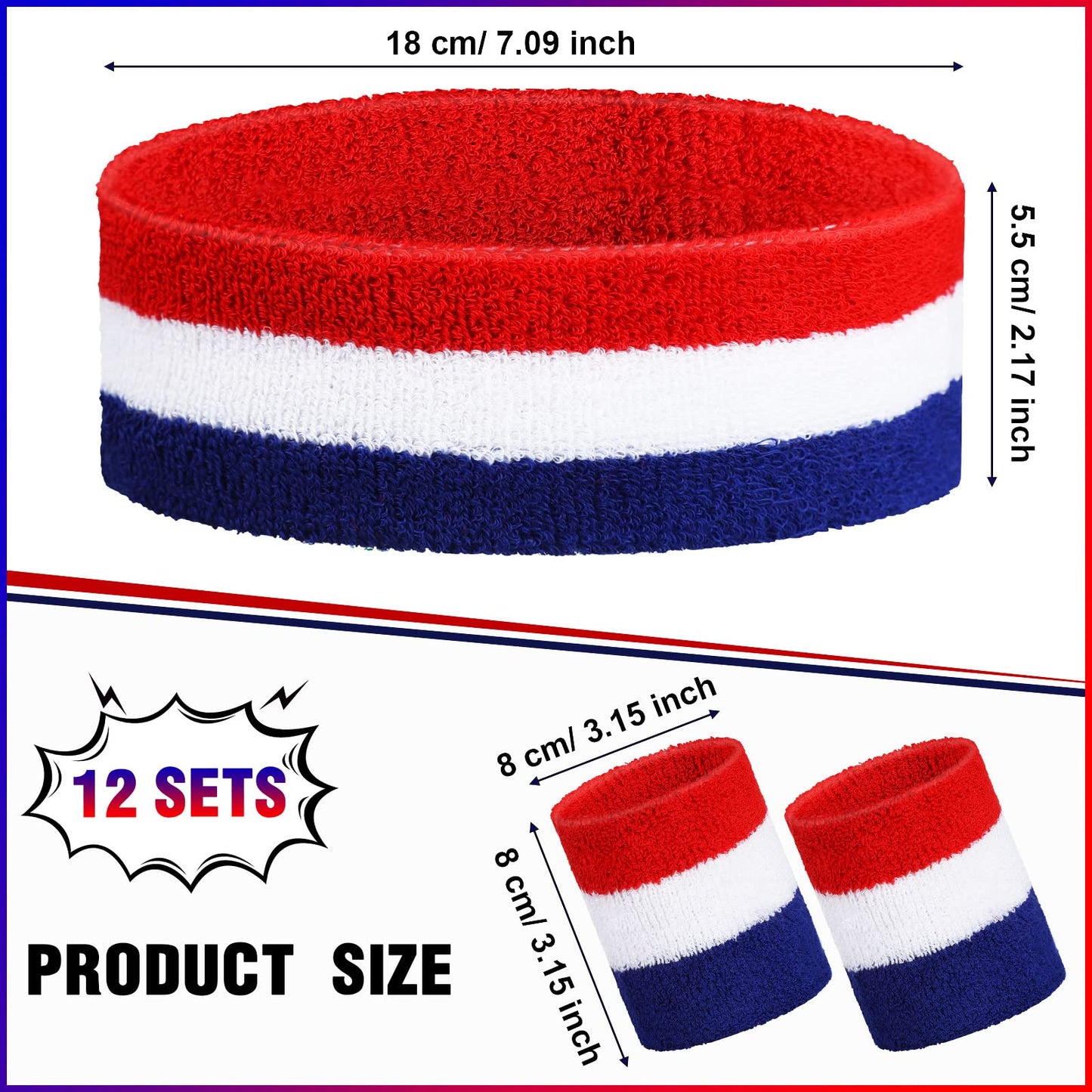 Eurzom 36-Piece Striped Sweatband Set: 12 Sweat-Absorbing Headbands and 24 Cotton Wristbands for Men, Women - Gym, Sports (White, Blue, Red)