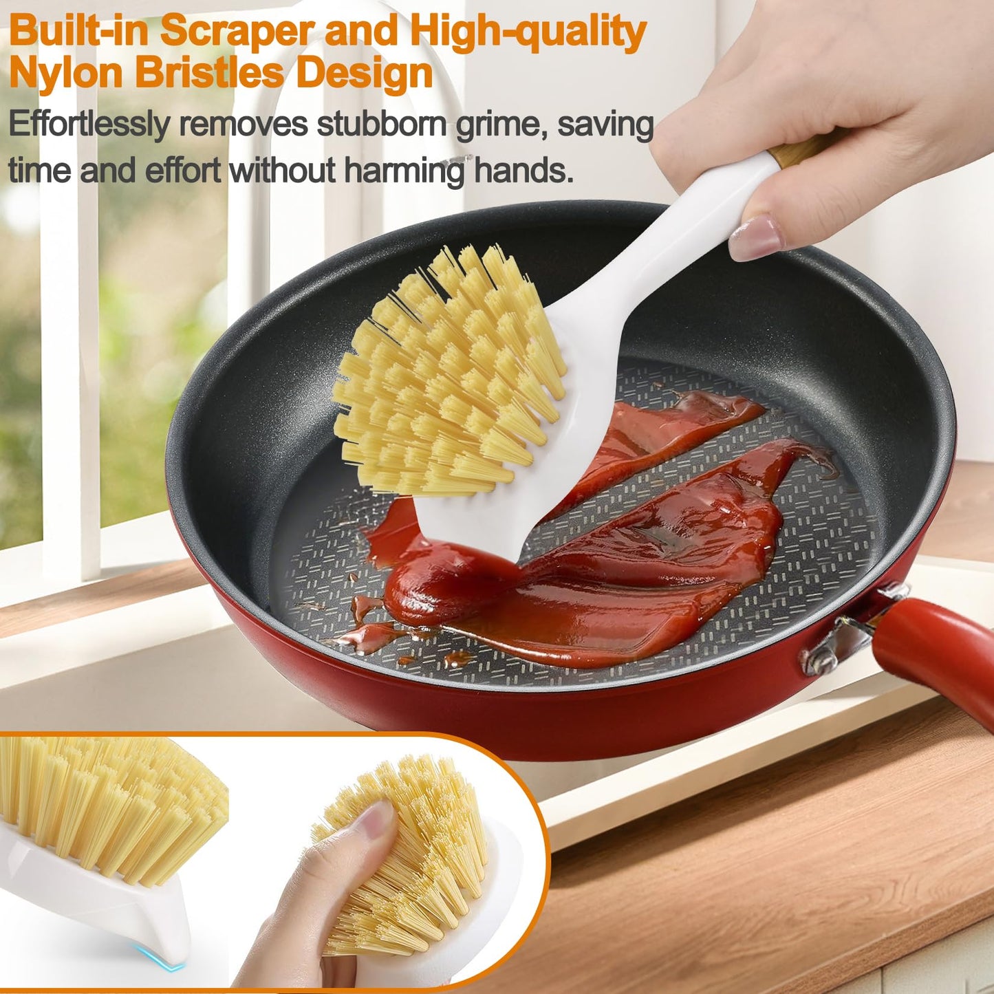 SOGCASE Dish Brush with Handle,Kitchen Scrub Brushes for Cleaning, Dish Scrubber with Stiff Bristles for Sink, Pots, Pans, 1 Pack