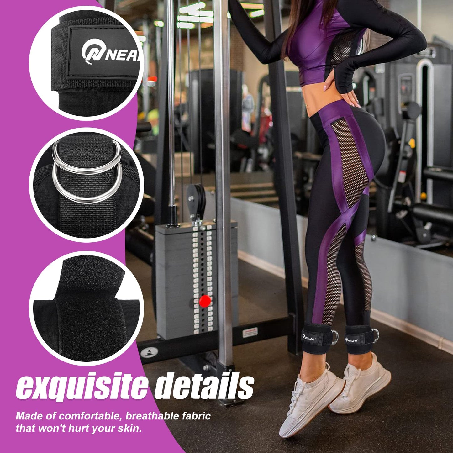 NEALFIT Ankle Strap for Cable Machine, Gym Ankle Cuff for Kickbacks, Leg Extensions, Glute Workouts, Booty Hip Abductors Exercise for Women and Men (Black, Single)