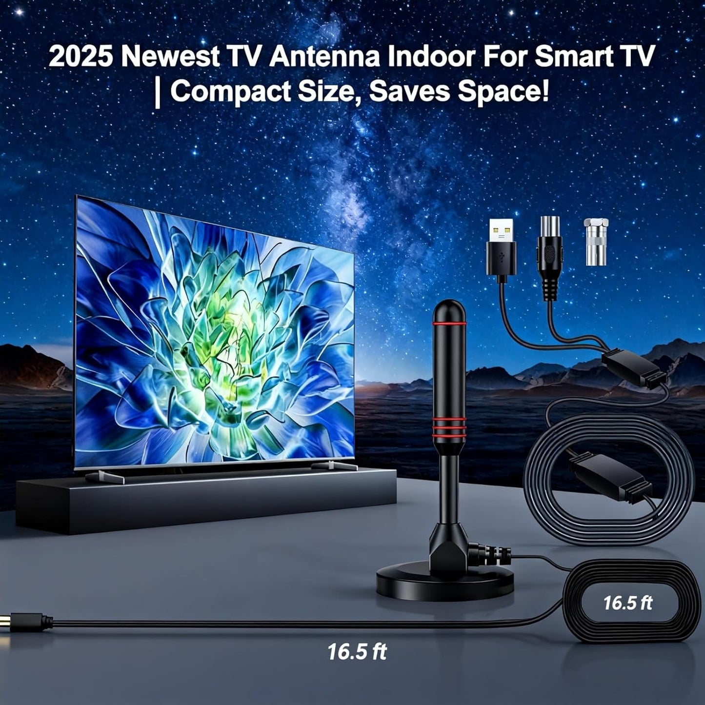 BAOZMINAN 4K 1080p,Easy Installation,16.5ft Cable,2 TV Antenna Smart TV Indoor,Long Range Reception for Local Channels