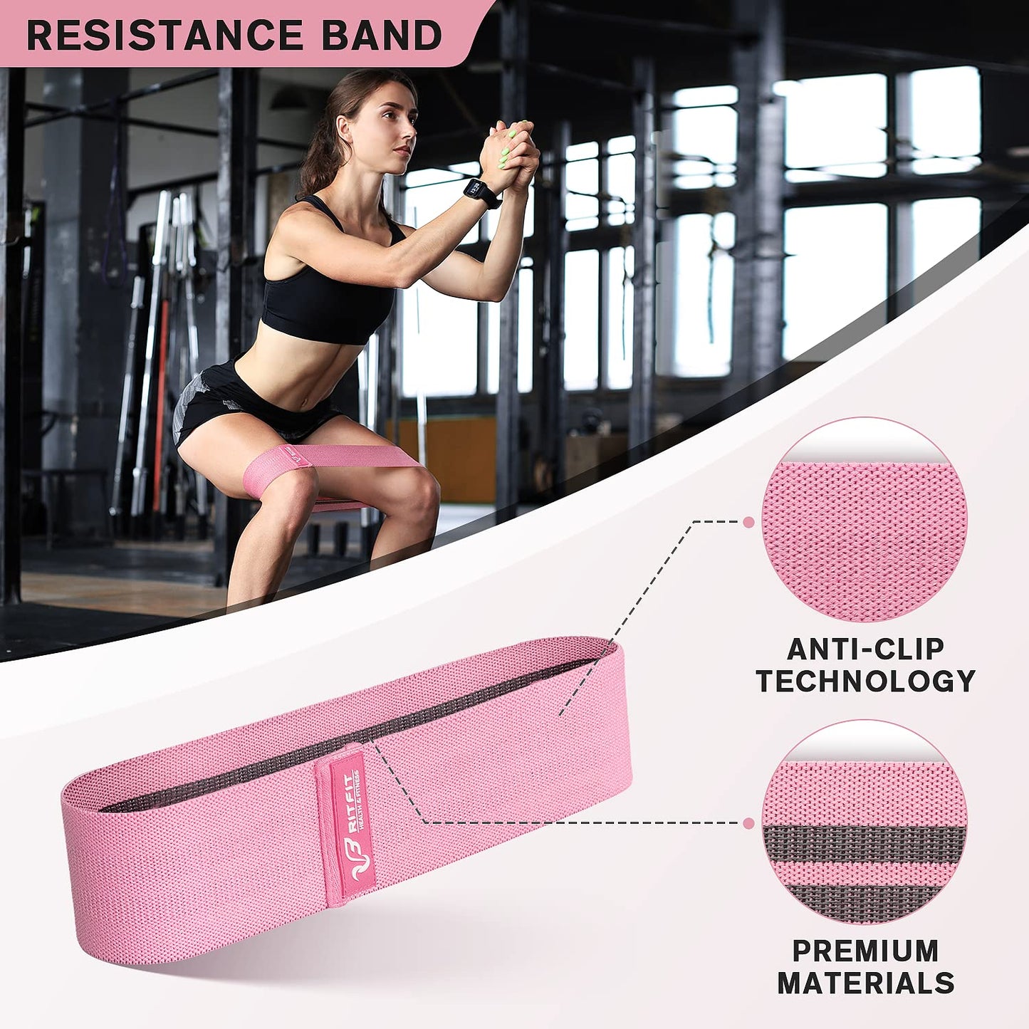 RitFit 7 Pcs Barbell Squat Pad Set, with Resistance Band, 2 Safety Straps, 2 Gym Ankle Straps & Carry Bag, Upgraded Neck & Shoulder Protective Pad Support for Squats, Lunges & Hip Thrust (Pink/Black)