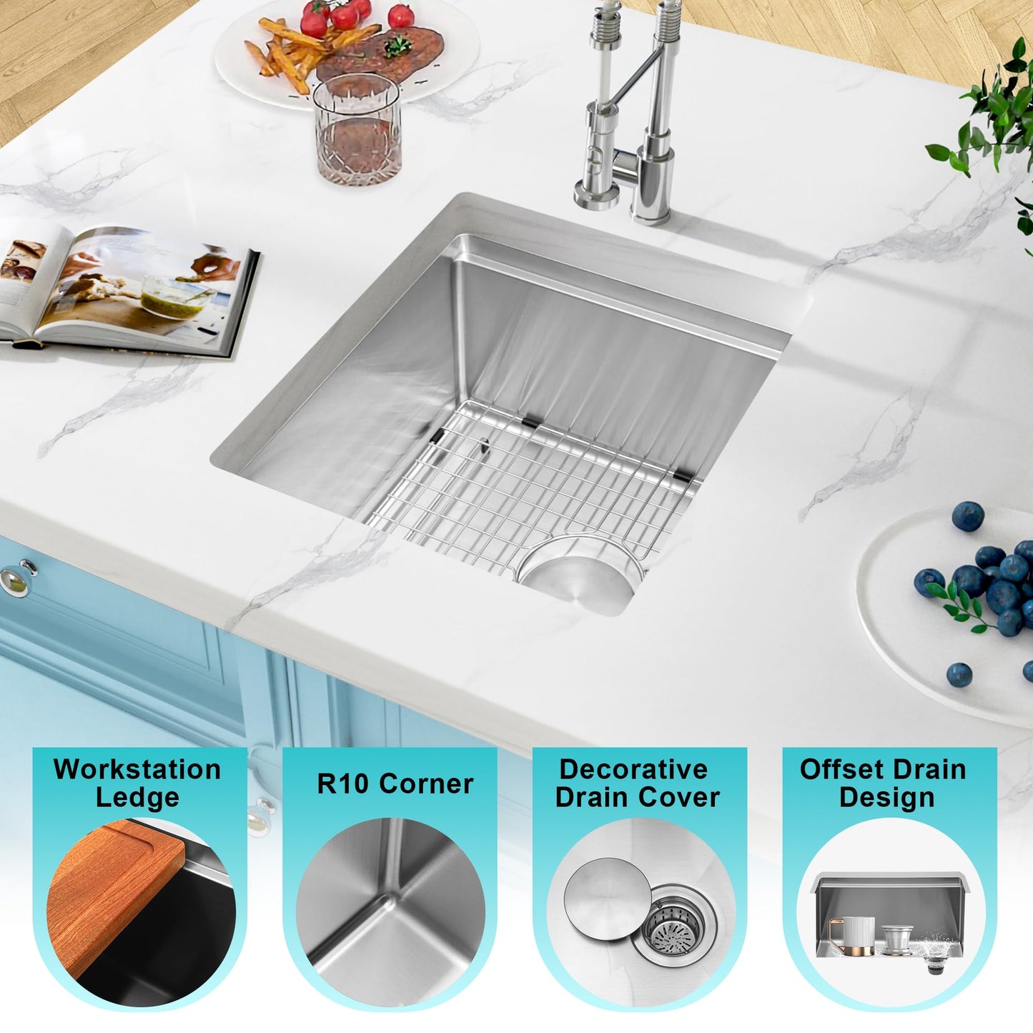 Lonsince Bar Sink Undermount 16 X 18 inch,16 Gauge Stainless Steel Bar Sink Offset Drain Design,Outdoor Small RV Sinks,Wet Bar Prep Sink with Workstatin (16" X 18")