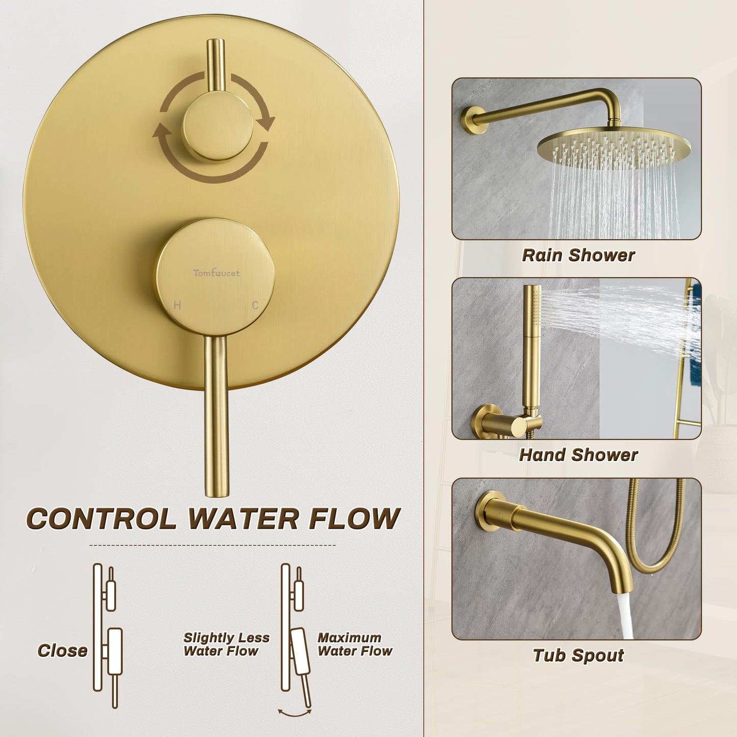 Tomfaucet Shower System with Tub Spout, 3 Functions 10" Round Wall Mounted Rain Shower System, High-Pressure Rain Shower Head with 2 Modes Handheld Spray, Brushed Gold Shower Systems