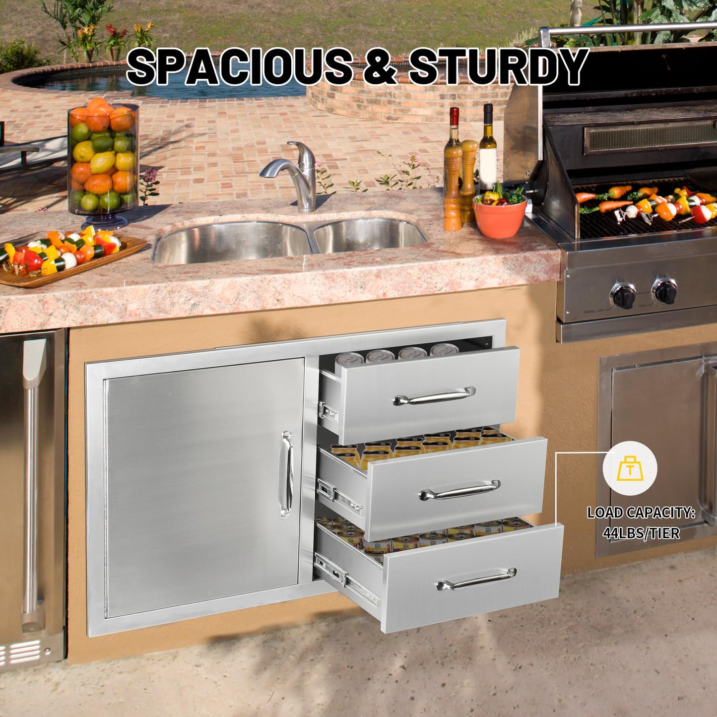 SGOLAN Outdoor Kitchen Door Drawer Combo Cabinet 38.1W x 22.6H x 20.8D BBQ Access Door&Triple Drawers Combo, Stainless Steel Handles for Outdoor Kitchen Island