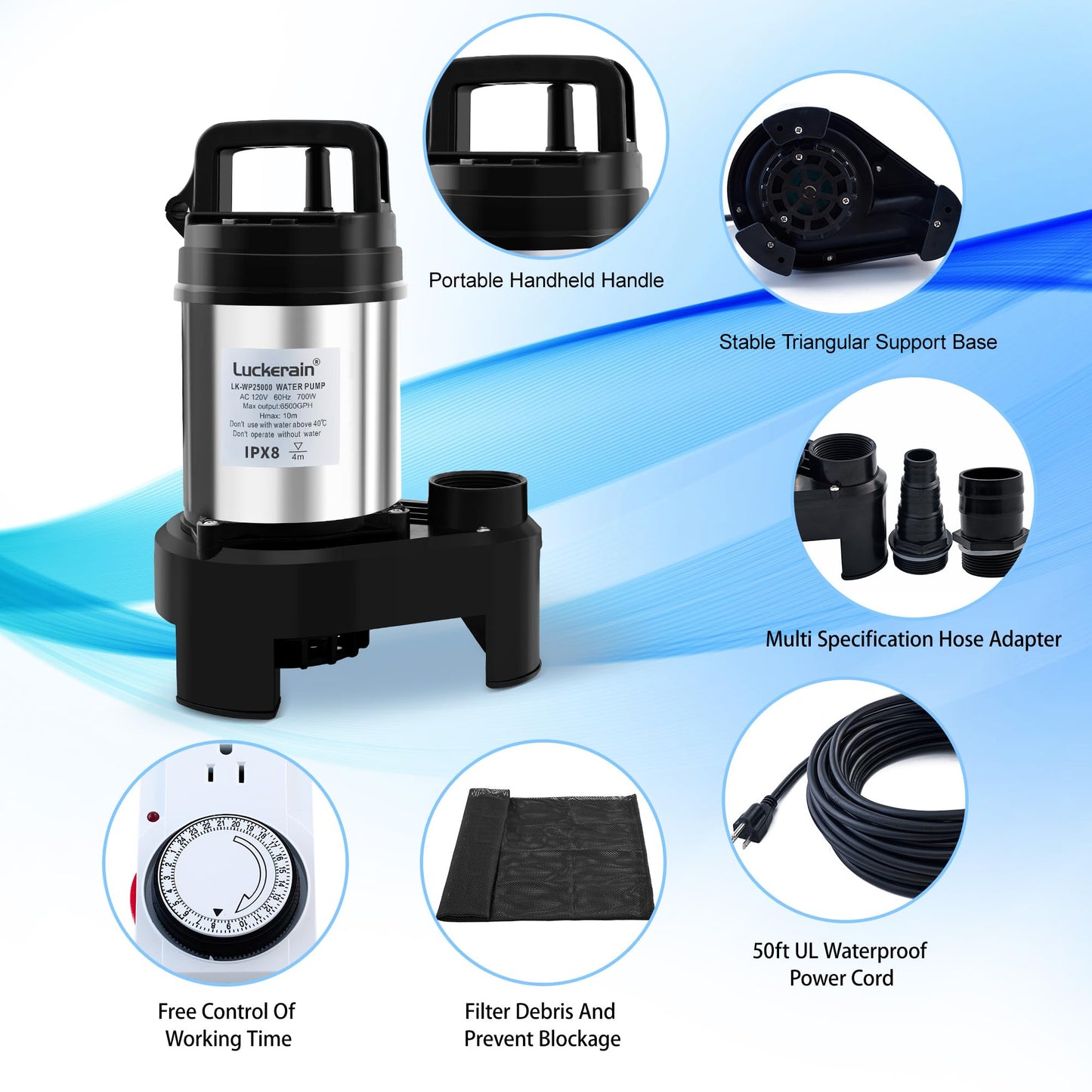 Submersible Water Pump 2/3 HP Stainless Steel Sewage Pump with Timer 5500 GPH Sump Pump for Garden Irrigation,Basement,Outdoor Drainage, 2'' NPT Discharge Port,50ft Cord