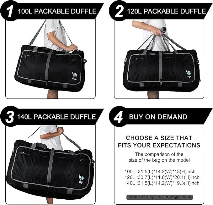 Bago Big XXL Foldable Duffel Bags for Traveling Women & Men - 140L Packable Duffle Bag for Travel with Shoe Compartment - Water Repellant, Heavy Duty, Lightweight Folding & Collapsible (SnowDepBlue)
