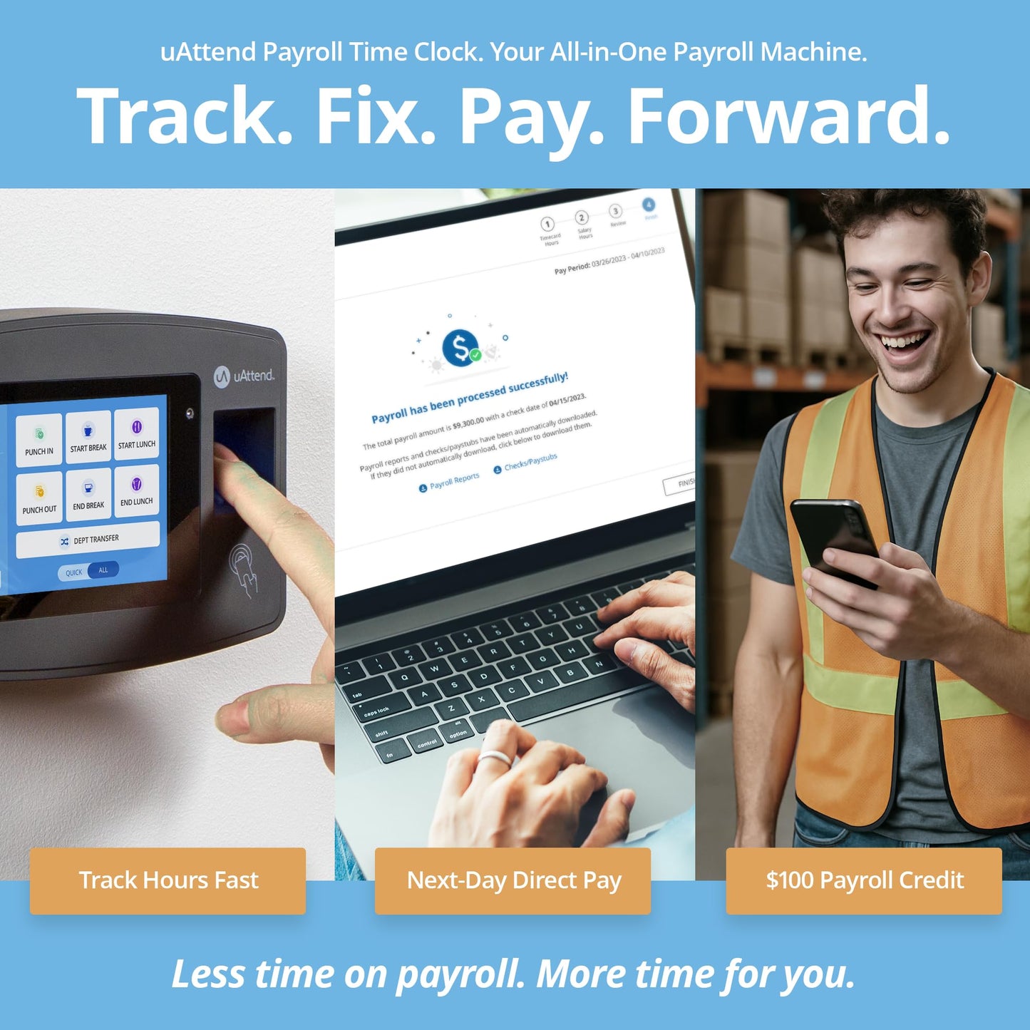 uAttend JP2000 Payroll Time Clock – Cloud Payroll Engine with Biometric & RFID, Time & Attendance System, Faster Payroll - $100 Payroll Fees Credit