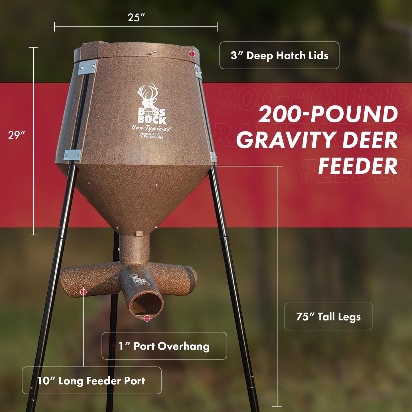 Boss Buck Gravity Deer Feeder for Game & Hunting w/Adjustable Flow, 200 lb Corn Capacity - All-Season Automatic Wildlife Feeding System with 75-Inch Galvanized Legs and 3-Way Feed Ports