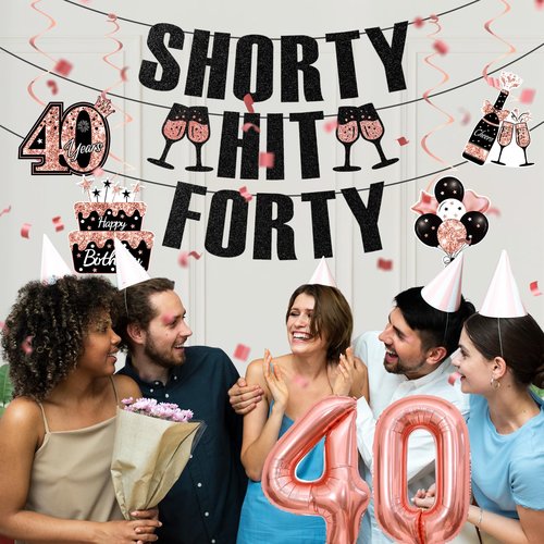 40th Birthday Decorations for Women, Black Rose Gold Happy 40th Birthday Banner Pre-Strung Shorty Hit Forty Banner Funny 40 Foil Balloons Cheers to 40 Hanging Swirls Party Supplies Sign 8PCS