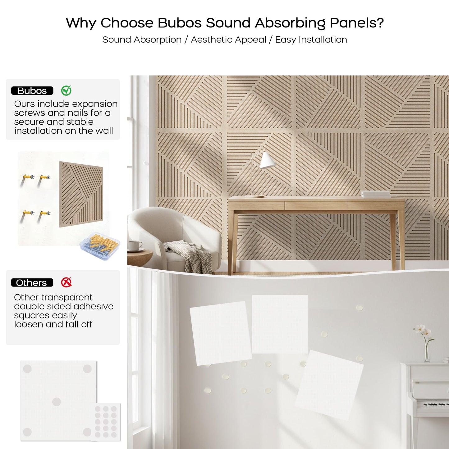 BUBOS Acoustic Panels Soundproof Wall Panels, Thick Double-Layer Sound Absorbing Decor, Twill-Patterned 3D Design, Spike Nail Mount for Recording Studio & Home Theater, 23.6"x23.6", 6 Pack,Camel