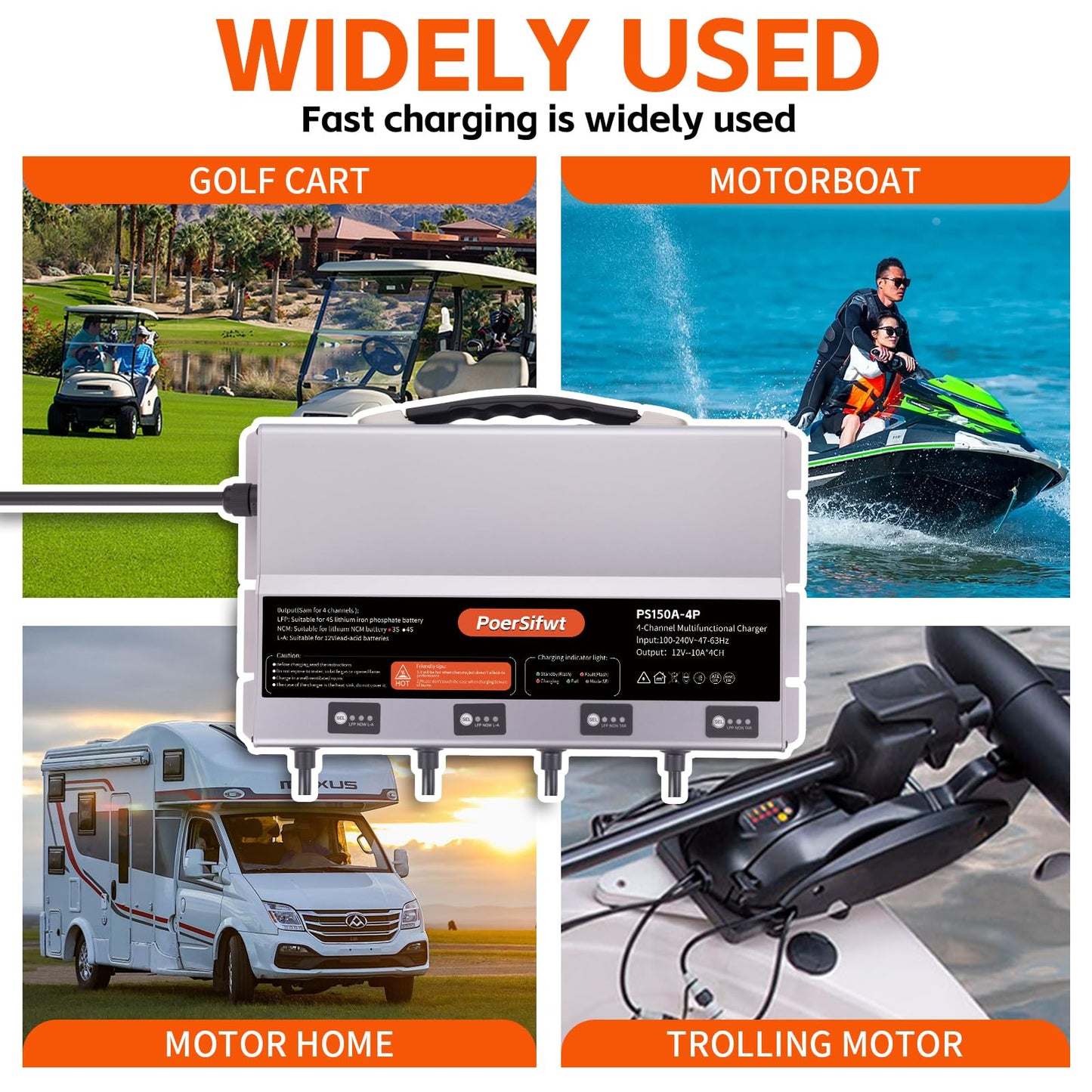 PoerSifwt 3 Bank 12V 10A Marine Battery Charger, Dual Output Smart Charger for LiFePO4, Lithium, Lead Acid Batteries, with 0V Start for Boat, RV, Trolling Motor, Lawn Mower (4-Channel Output)