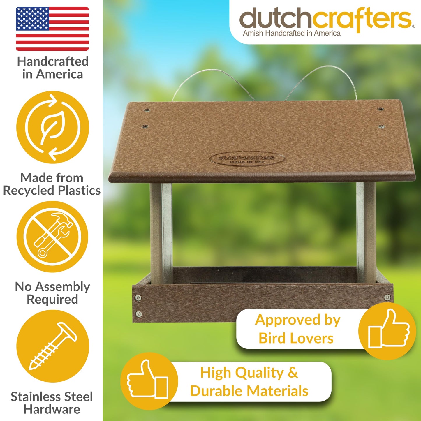 DutchCrafters Poly Hanging Hopper Bird Feeder, Large Hanging Bird Feeder for Outside, Outdoors - Amish American Made (Tudor Brown & Weatherwood)