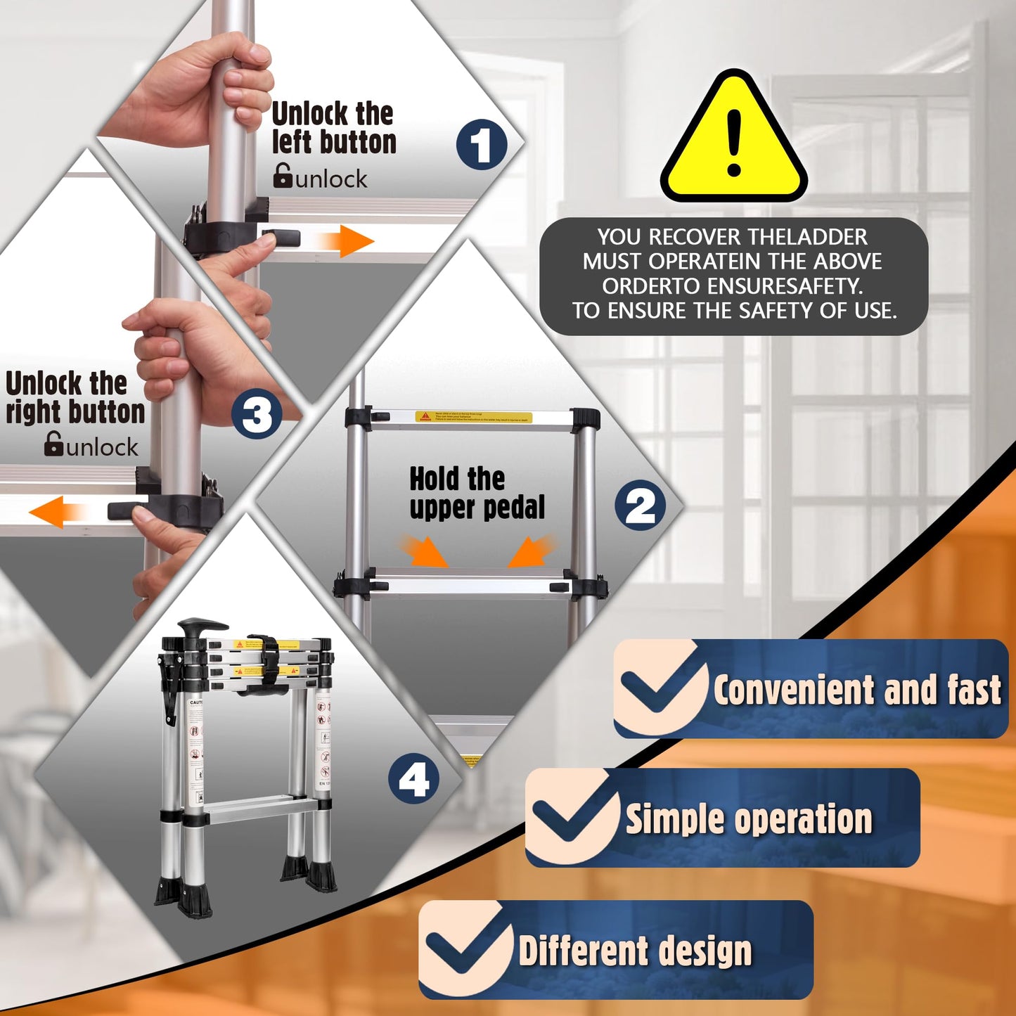 5.6 FT A-Frame Aluminium Telescoping Ladder,6+6 Step Ladder,330LB Load Capacity,Portable Telescopic Folding Extension Ladder Heavy Duty Collapsible Ideal for Home and Outdoor(1.7m+2m/12.2FT Handrails)