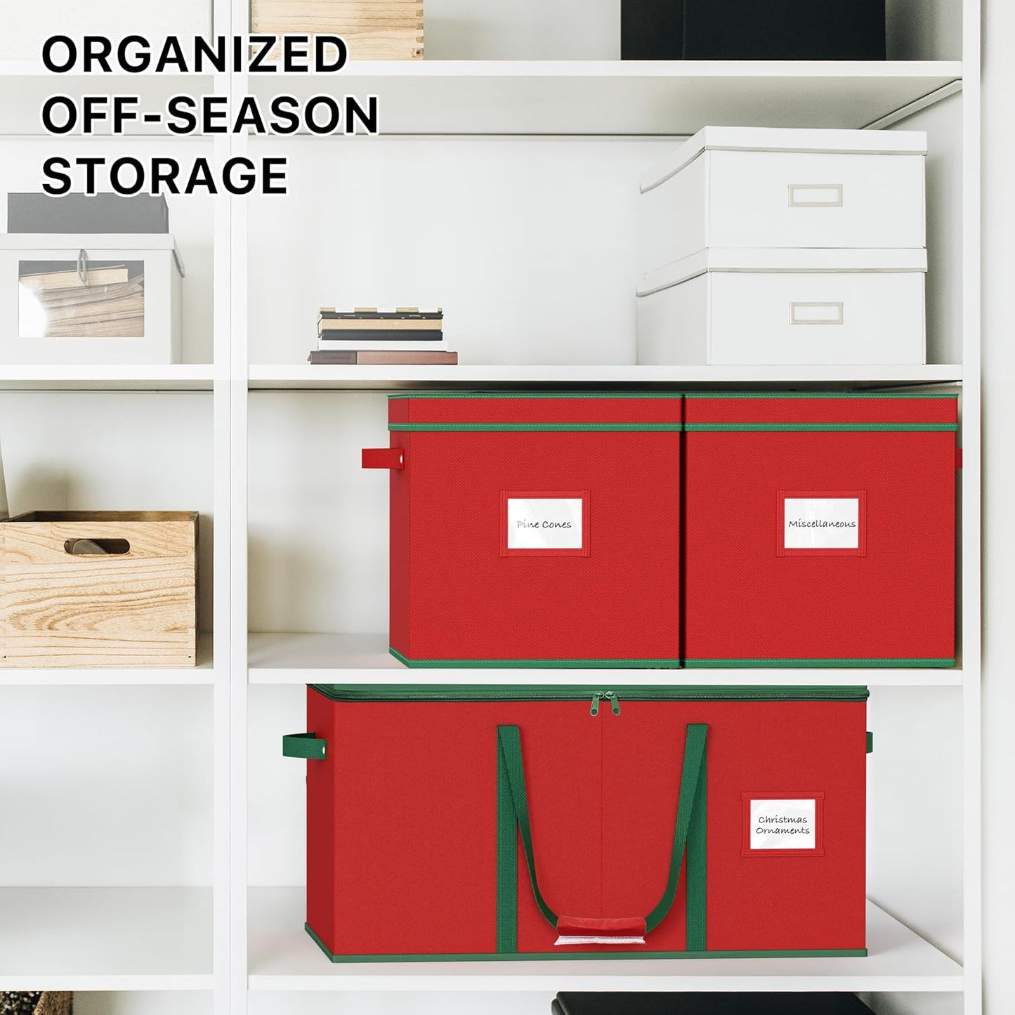 Simple Houseware Heavy-Duty Christmas Ornament Storage Box - Adjustable Dividers, Holds 128 Ornaments, Red