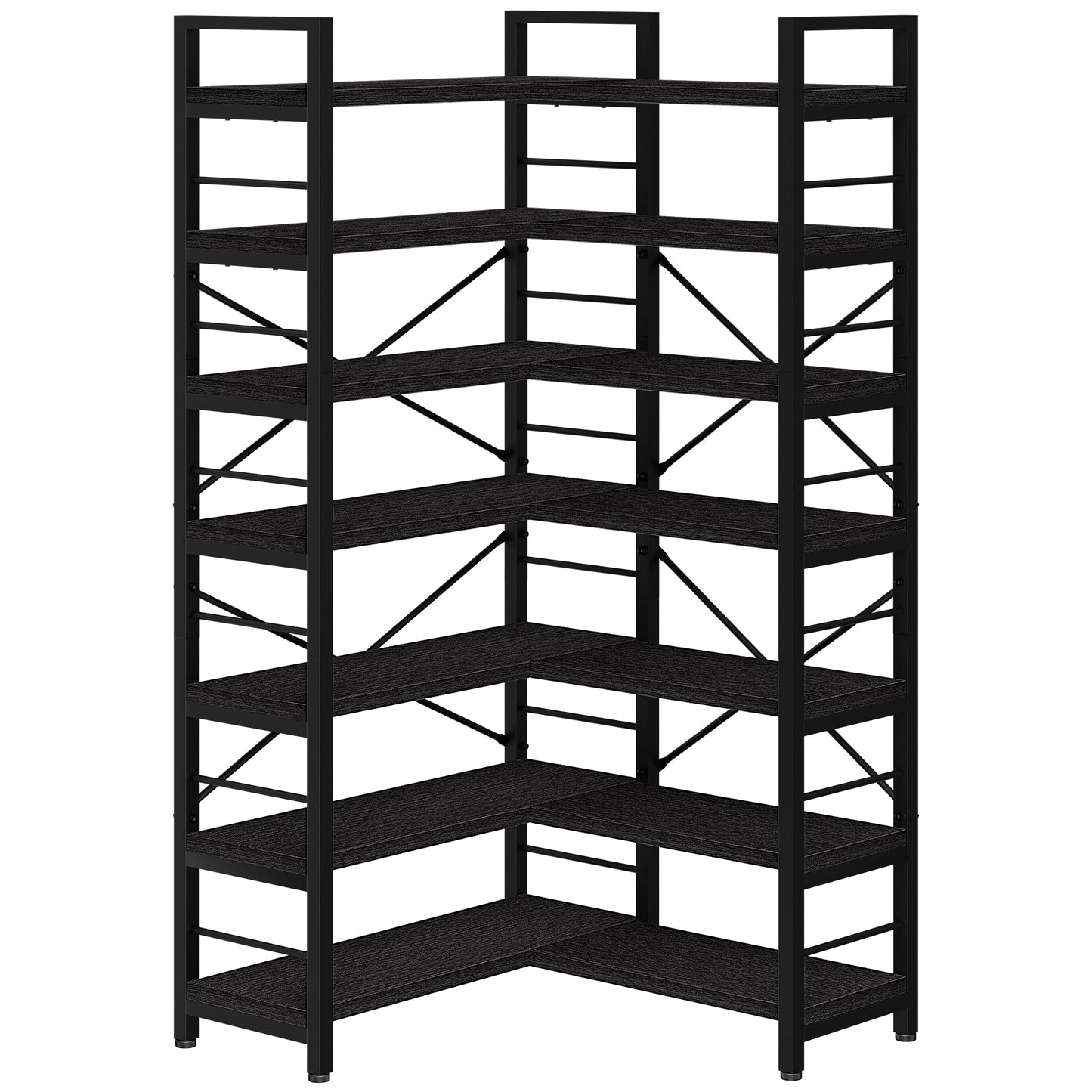 TEROL 7-Tier Corner Bookshelf, Reversible Wooden Shelves, Industrial Bookcase with Open Shelves and Sturdy Metal Frame, Display Shelf Storage Rack for Living Room, Bedroom, Home Office (Black)