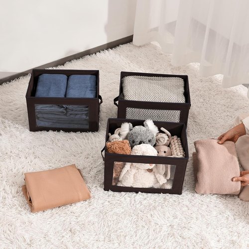 Homsorout Stackable Storage Bins - Medium Foldable Closet Organizers with Lids | 5-Pack, Brown