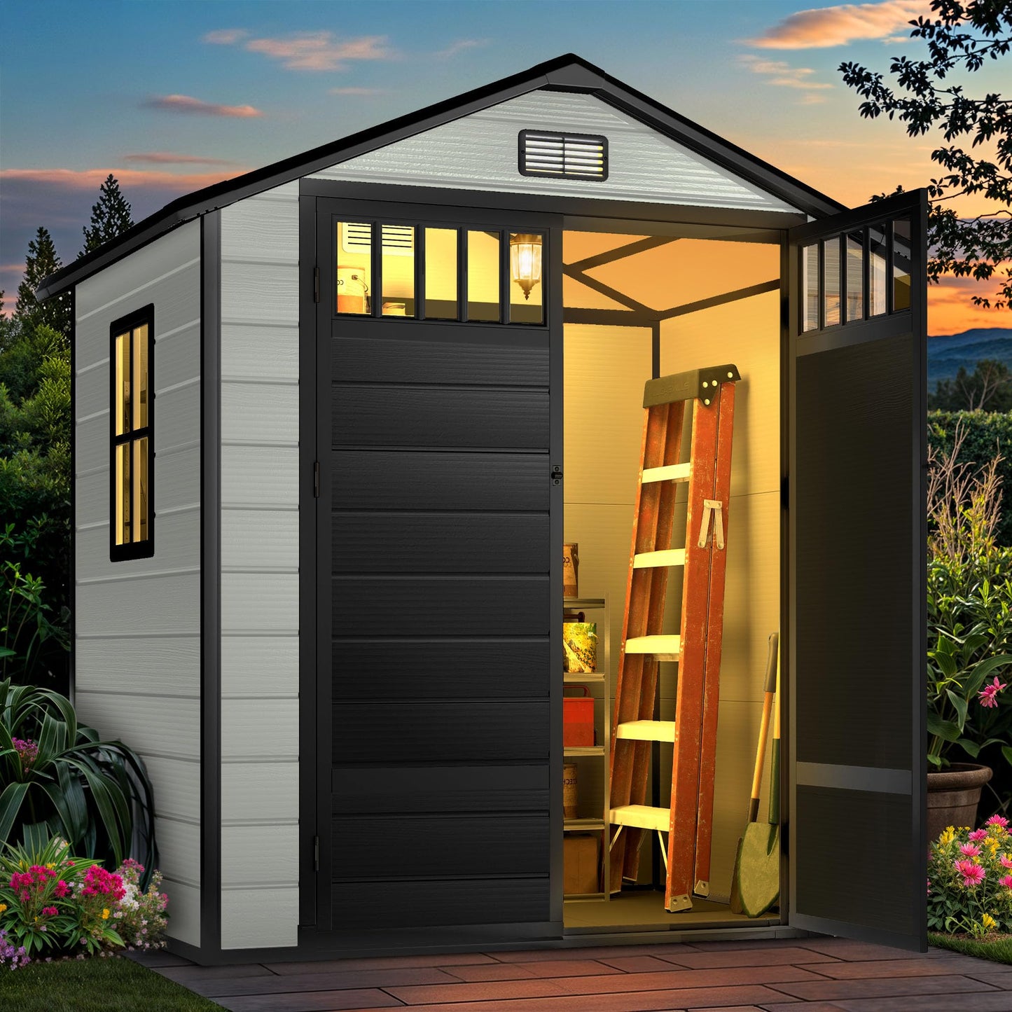 DWVO 6x4.4 FT Resin Storage Shed with Fence-Style and Side Windows, Lockable Door, and Vents for Garden, Backyard, Patio, Lawn, Blue-Gray
