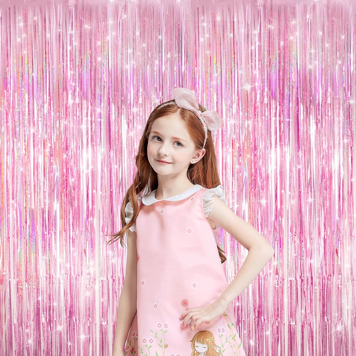 Skiennix Shiny Pink Tinsel Foil Fringe Curtains - 2 Pack Party Backdrop for Birthday & Baby Showers