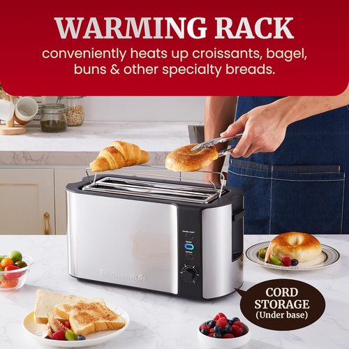 Elite Gourmet ECT-3100 4-Slice Long Slot Toaster - Extra Wide Slots for Bagels & Texas Toast - Stainless Steel Finish