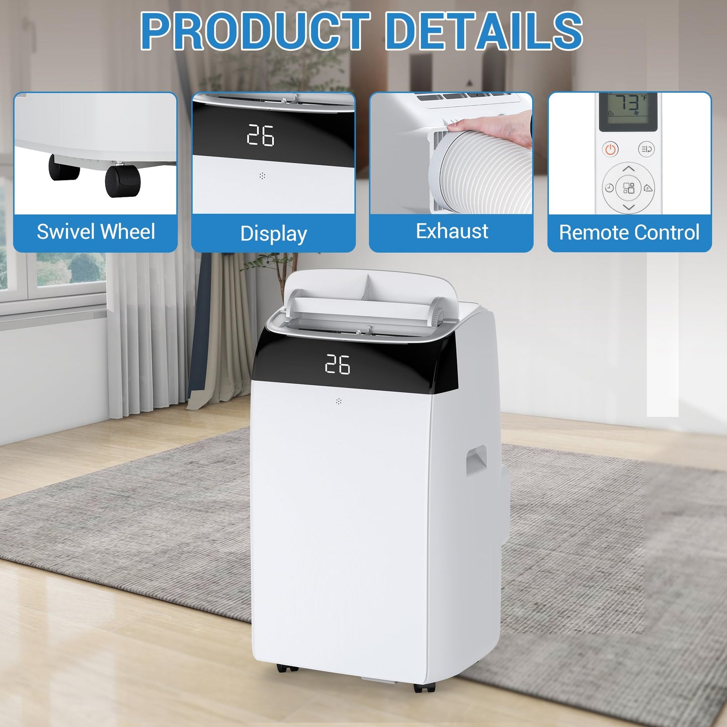 12000 BTU Portable Air Conditioner, Cools up to 550 sq.ft, 3-in-1 AC Unit with Cooling, Dehumidifier & Fan, Quiet Portable AC with Remote Control, 24H Timer, Sleep Mode, Easy Installation, White