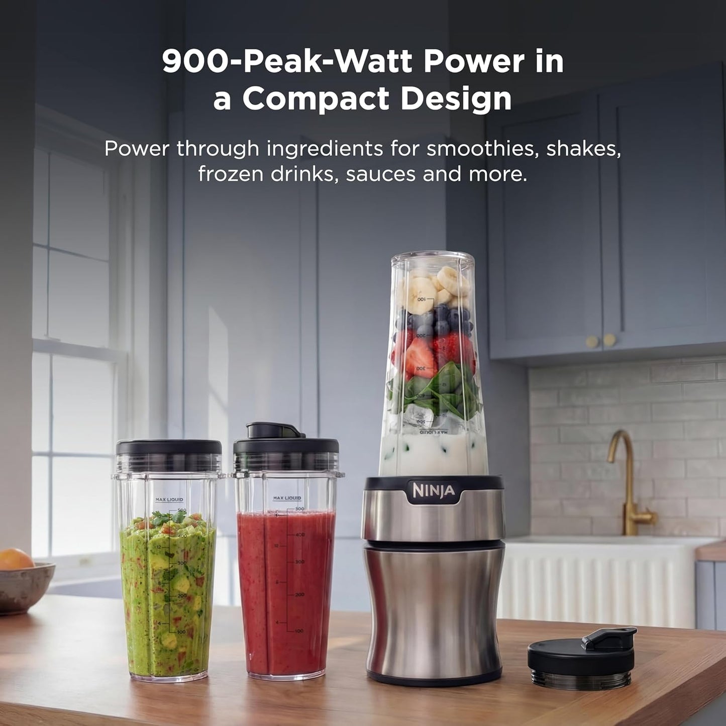 Ninja Nutri-Plus Personal Blender - Compact Push-To-Blend for Smoothies & Frozen Drinks | 900W | Silver | Includes 3 To-Go Cups & Lids