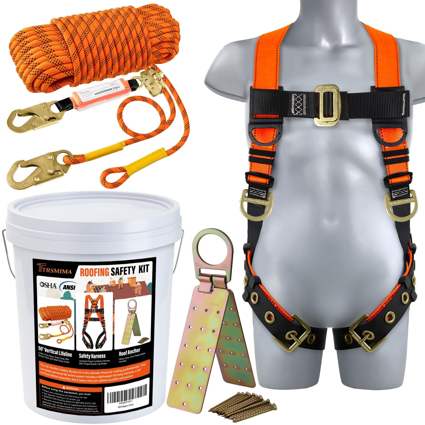TT TRSMIMA Safety Harness Fall Protection Kit - Roofing Harnesses 50ft Safety Rope Lanyard Kit 5 Gallon Bucket Kit Roof Top Anchor Construction Work 20pcs Nails Included
