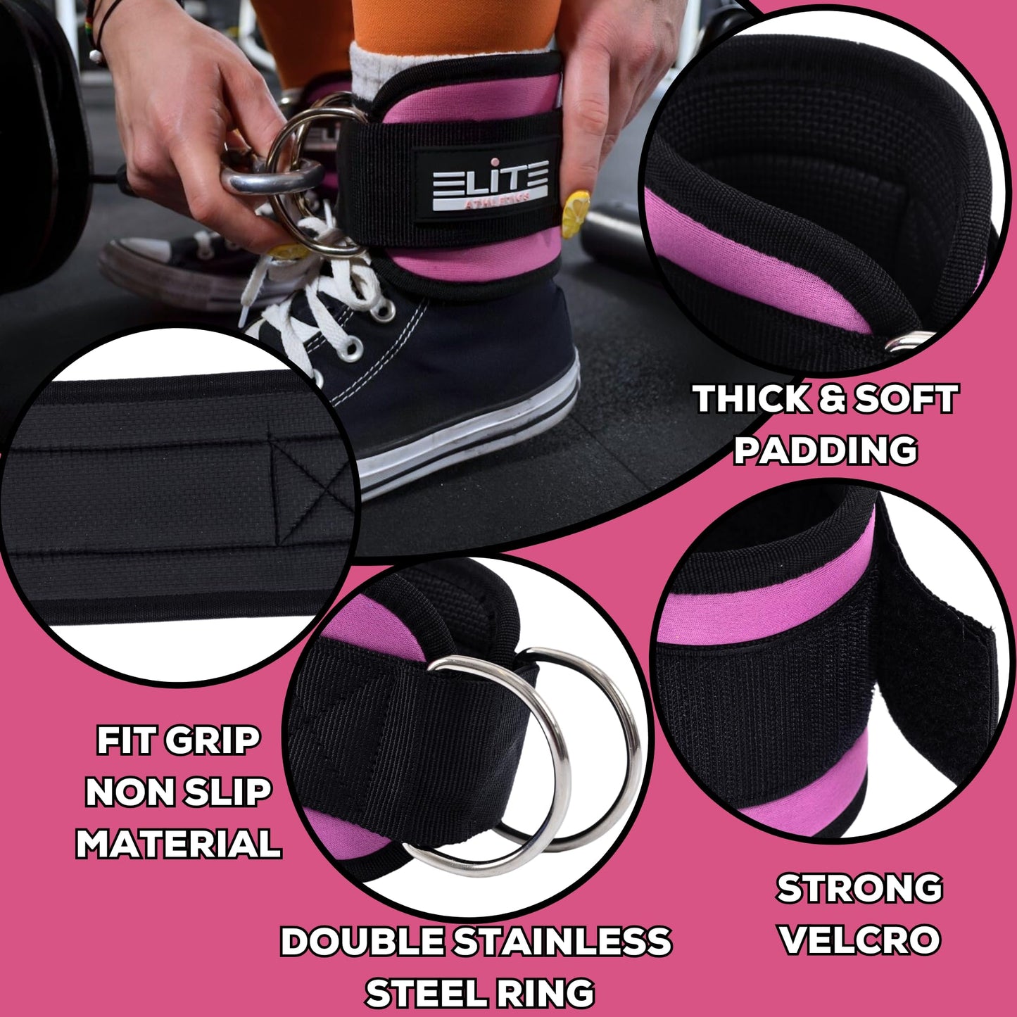 Elite Athletics Ankle Strap for Cable Machine, Gym Ankle Cuff for Cable Kickback, plus Wrist Lifting Straps for Weightlifting, Deadlift and Carry Bag (Pink)