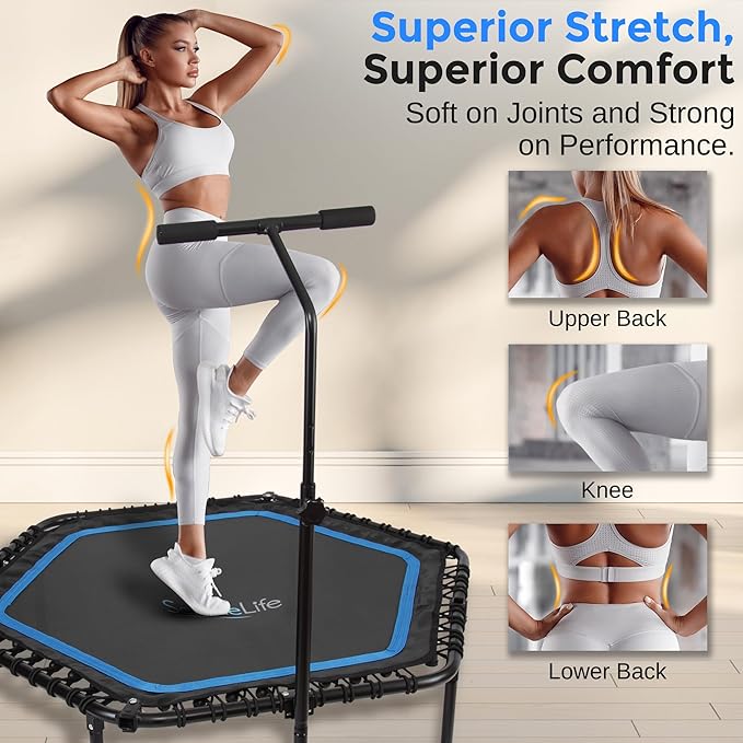 SereneLife 40"/50" Mini Trampoline for Adults - 450/550LBS Fitness Trampoline with Reinforced Springs & Adjustable Safety Handle - Stable & Quiet Supports Whole-Body Workout & Relaxation