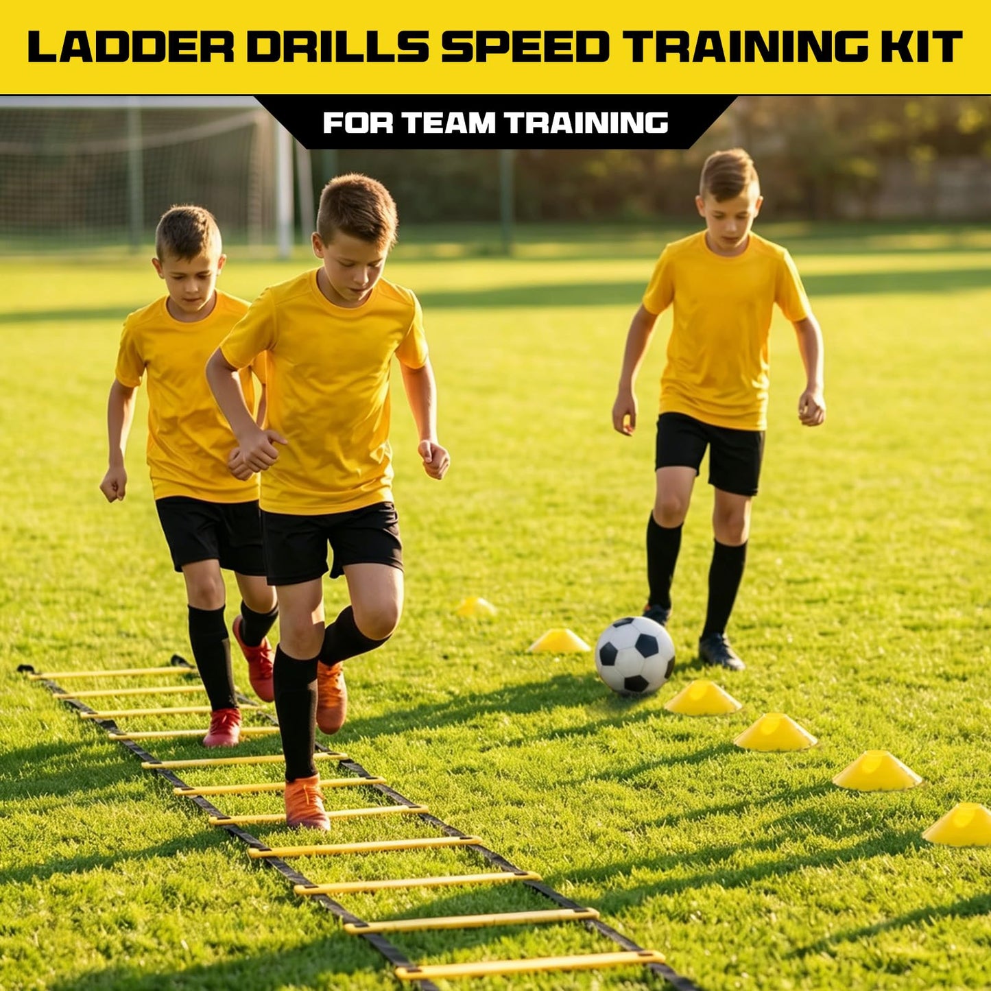 2 Pack 20ft Agility Ladder Set, 40ft Total Adjustable Speed Ladder with 12 Cones, 8 Stakes, 1 Carry Bag - Parallel Footwork Drills Gear for Football Soccer Basketball Training Equipment (Yellow)