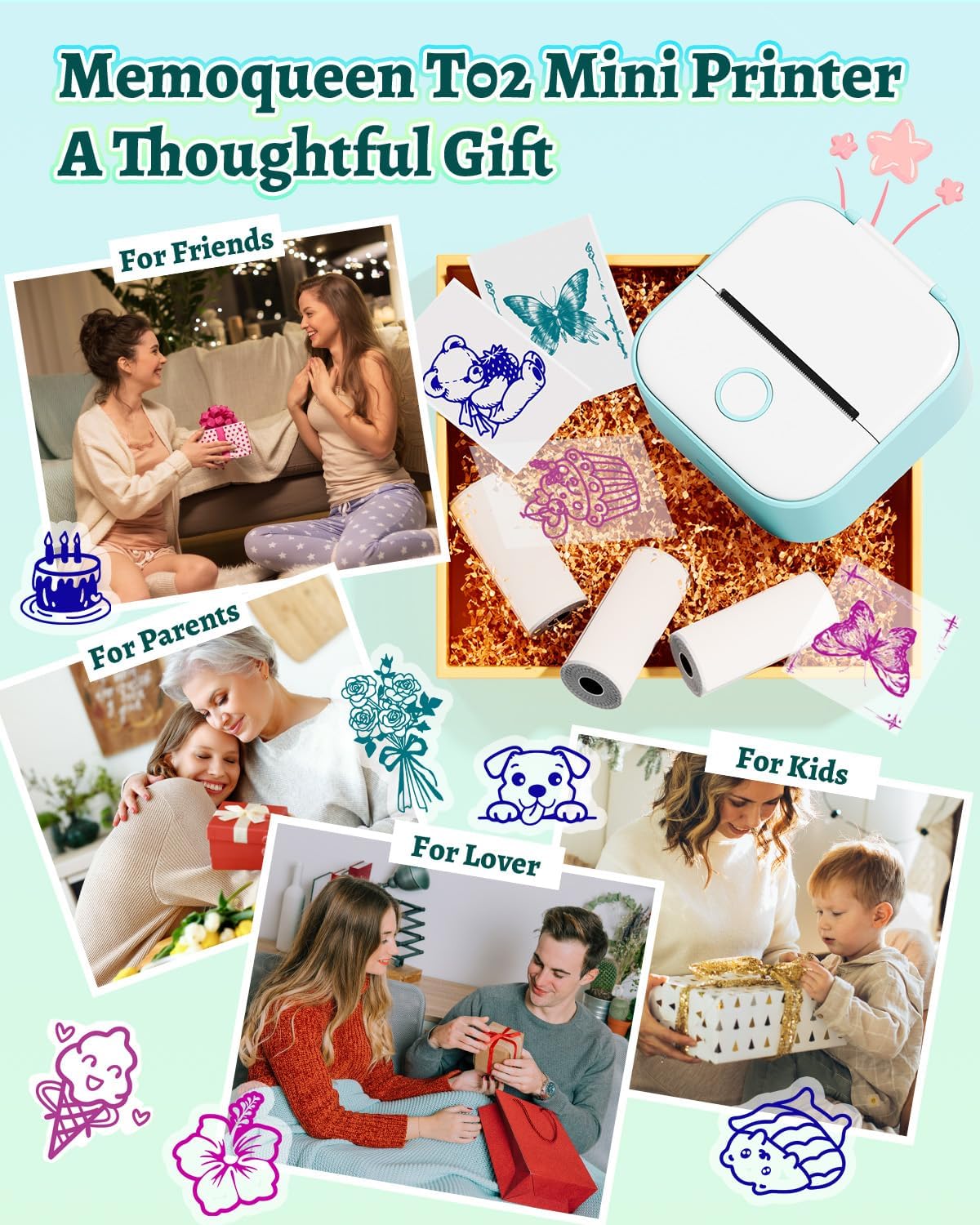 Memoqueen T02 Phomemo Mini Sticker Printer - APP AI Drawing Bluetooth Thermal Printer Sticker Maker Machine for DIY