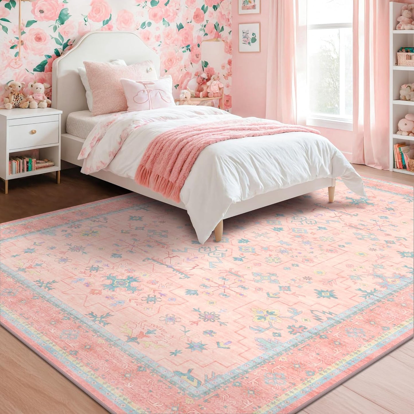 Oushak Rugs | Washable Pink & Blue 7x10 Area Rug - Modern Floral Design, Soft Non-Slip Carpet
