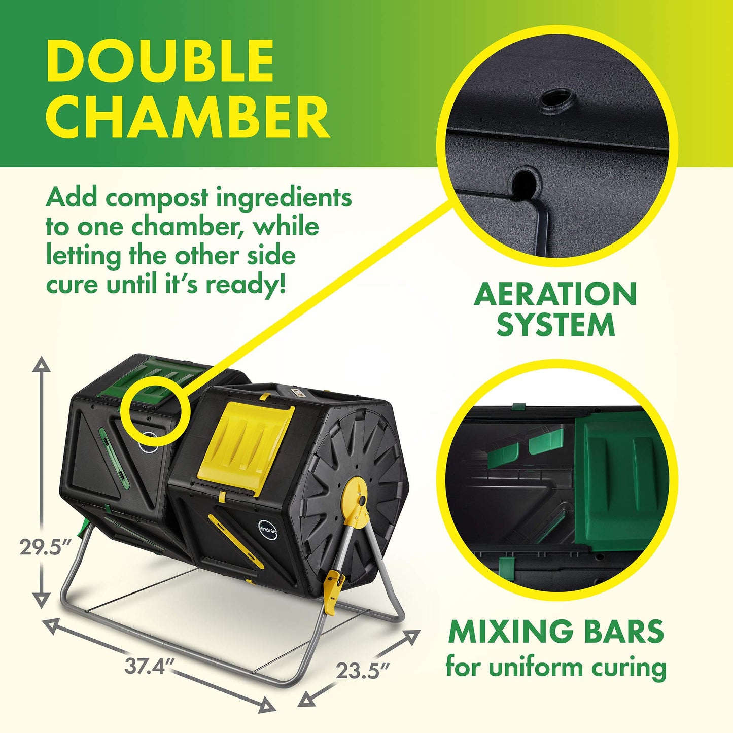 Miracle-Gro Large Dual Chamber Compost Tumbler, 55.4 Gallons – Easy-Turn, Fast-Working System – All-Season, Heavy-Duty, High Volume Composter with 2 Sliding Doors (2 x 27.7 gallons)