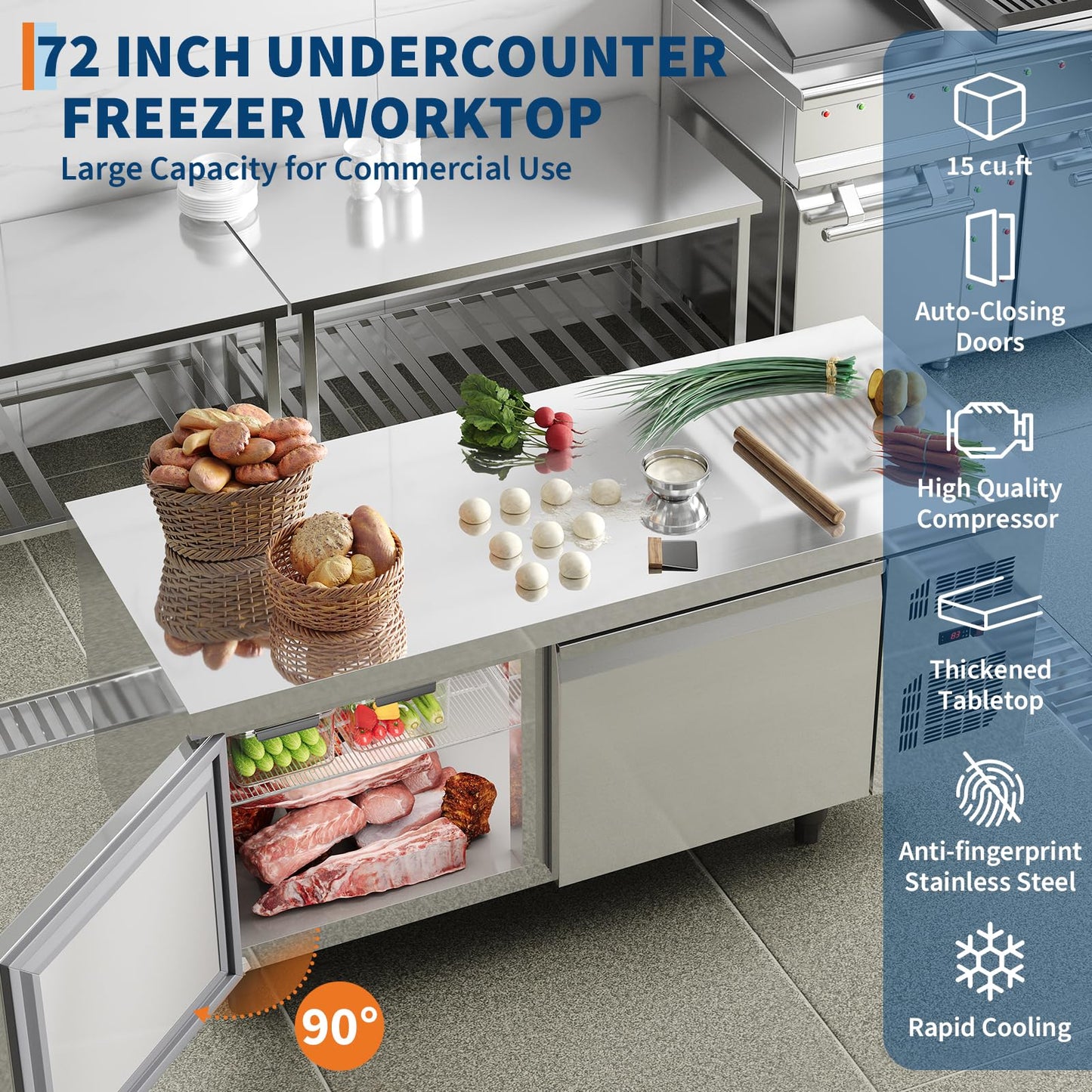 71" Undercounter Commercial Prep Table Freezer – 18 cu. ft. Stainless Steel, 2-Door Frost-Free Freezer Station with Worktop, for Restaurants, Bars, & Food Service"