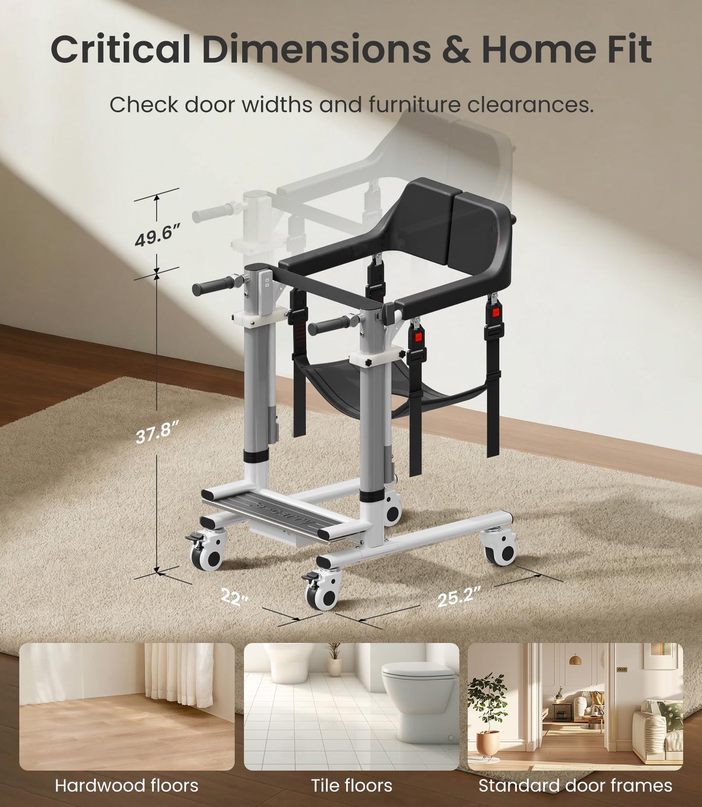 VOCIC Electric Transfer Lift, Patient Lift with 3" Wheels for Carpets, Home Care Transfer Device for Seniors, Transfer Lift for Home Car, AY08 PRO