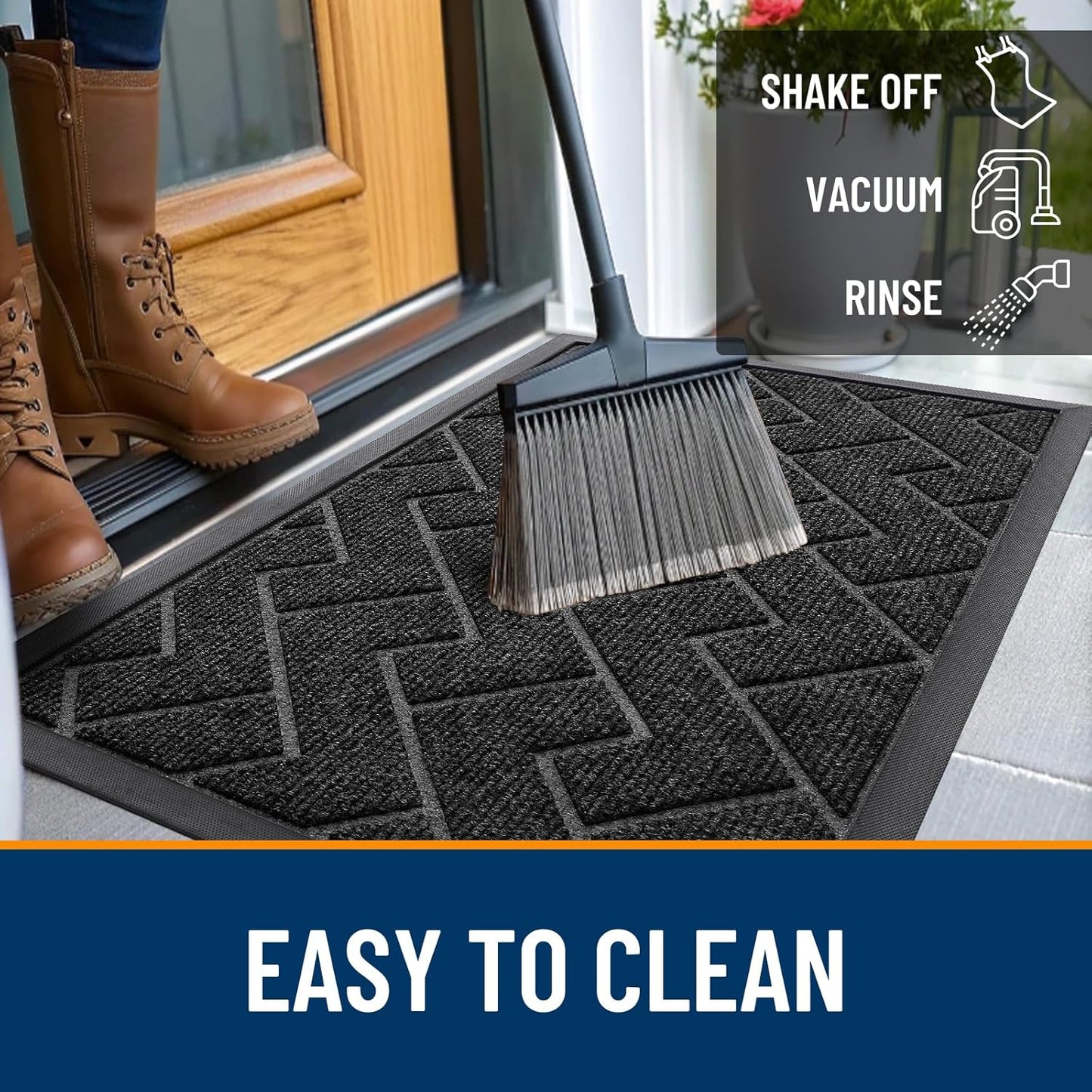 OLANLY Waterproof Front Door Mat - All-Season Indoor Outdoor Doormat, Sturdy Natural Rubber, Herringbone Brick (Black, 47x23)