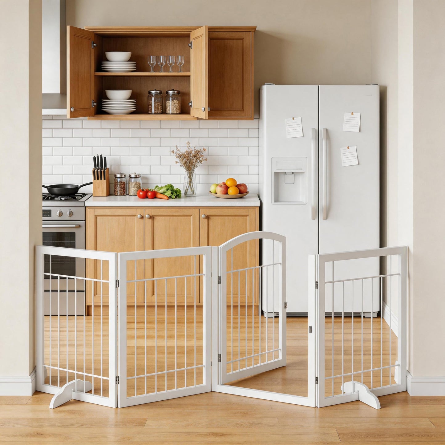 Vantas Folding Pet Gate 96" Wide, 30" Tall No-Assembly Metal Dog Gate with Door Walk Through, Freestanding Wire Pet Puppy Safety Fence, with 2PCS Support - White
