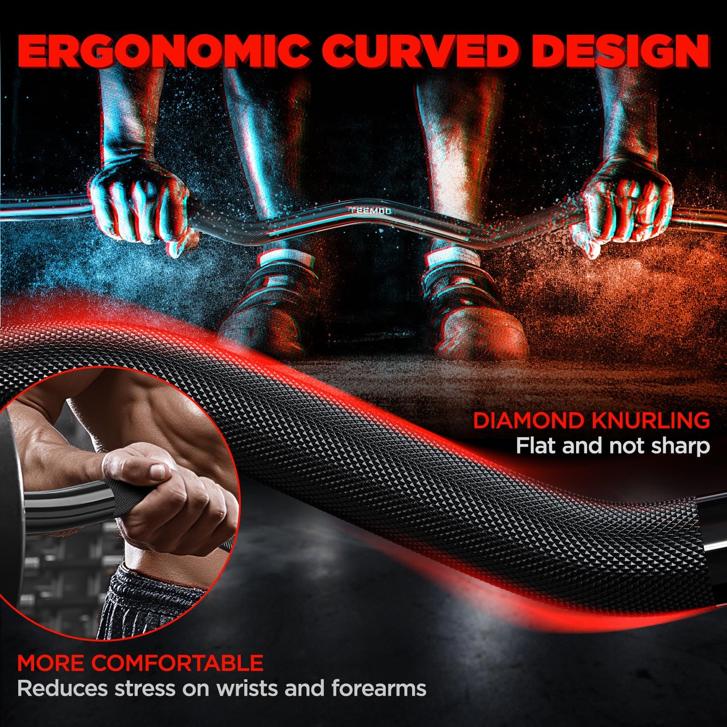 TEEMOO Olympic EZ Curl Barbell Bar, 47" Curl Bar with 2 Spring Collars, Curling bar for Weight Lifting, Squat, Hip Thrusts, Biceps, 500lb Weight Capacity, E-Coat Finish for 2 inch Weight Plates (Black)