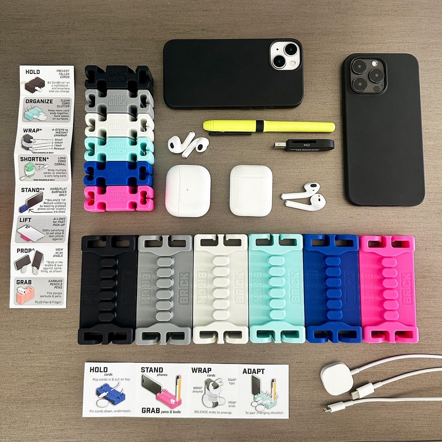 CordBrick /DeskBrick Bundle Weighted Cord Holders for Nightstand & Desk - Phone Charger Cable Management Travel, Phone