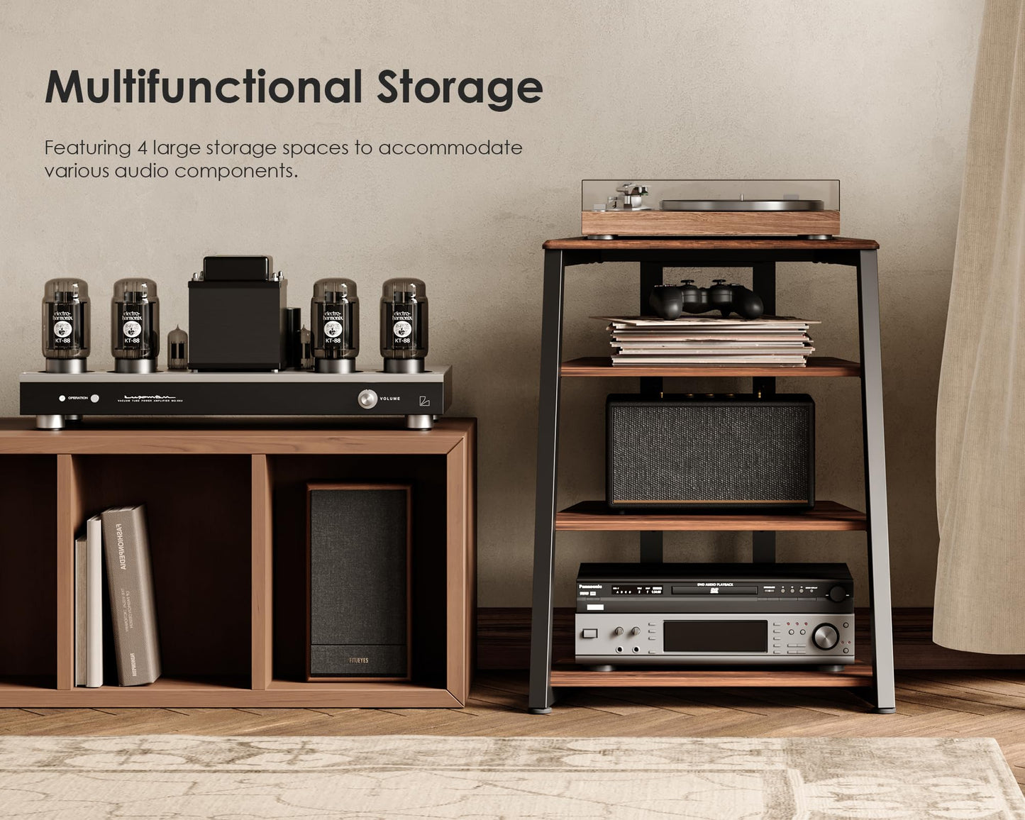 FITUEYES Design 4-Tier AV Media Stand Corner Shelf for Record Player Wooden Stereo Cabinet Audio Rack Tower with Height Adjustable Wooden Shelves for ps4 (Walnut)