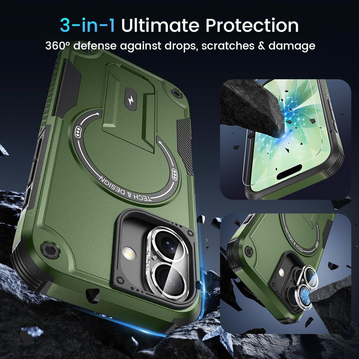 Caka 3 1 17 17 in for iPhone Case [Compatible with MagSafe] [Invisible Kickstand] [HD Screen Protector] [Camera Lens