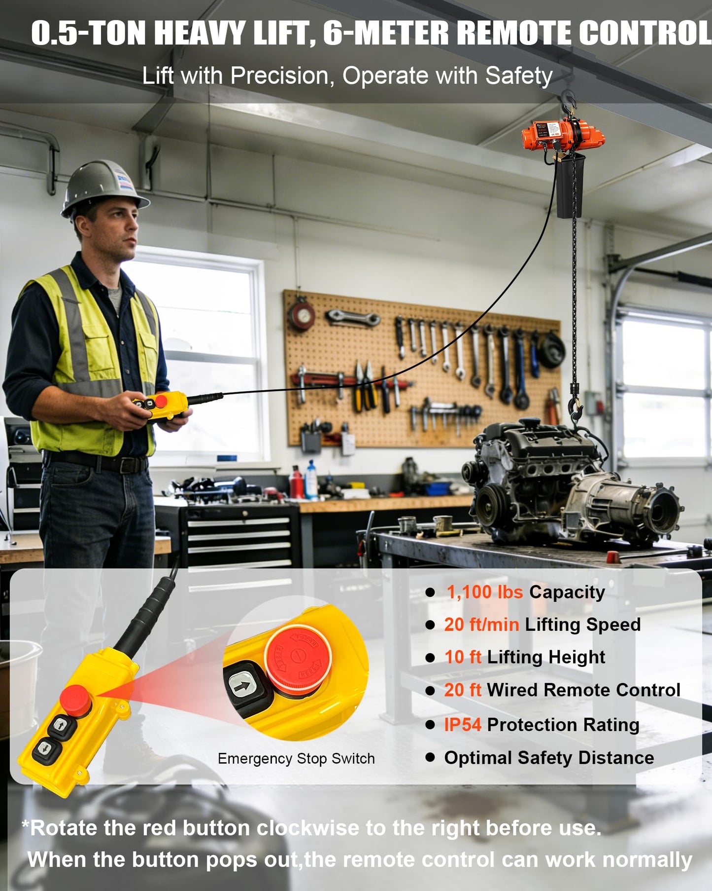 FITHOIST Electric Chain Hoist, 1100 lbs Electric Hoist with 20 ft Wired Remote Control, 10 ft Lifting Height, 1500w Single Phase Overhead Crane with Chain for Factories, Warehouses, Garages, Home